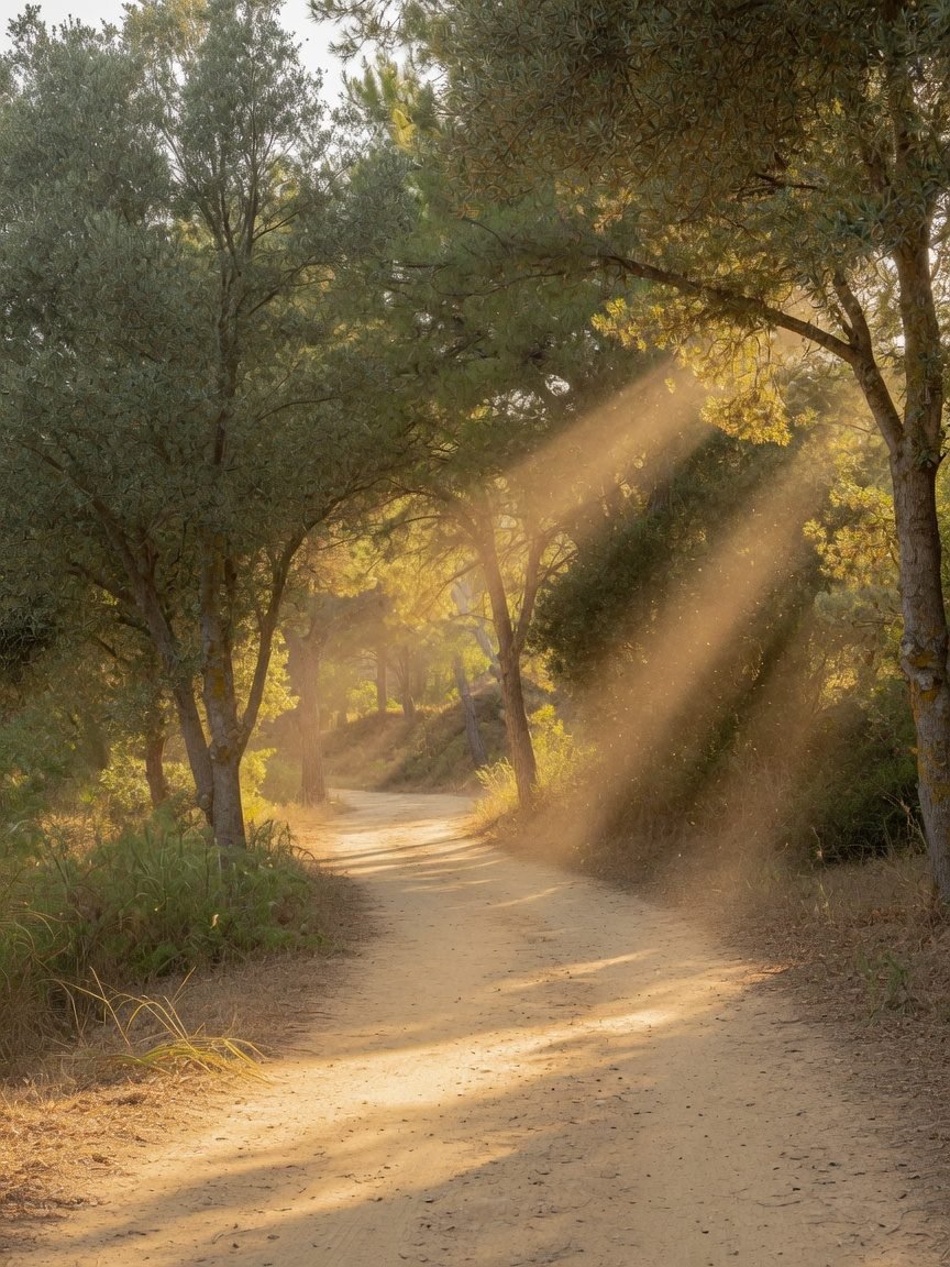 A sunlit path through the trees — everyday life opening again.