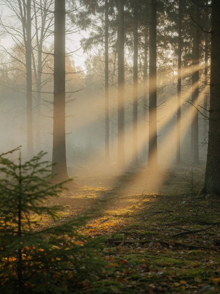 Morning light through a still forest — clarity, peace, and a quieter mind.
