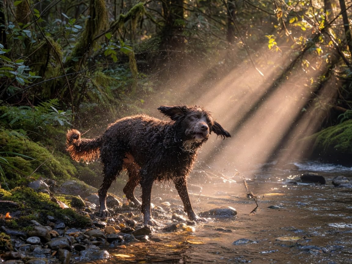 A dog shaking water from its coat — hygiene for the nervous system.