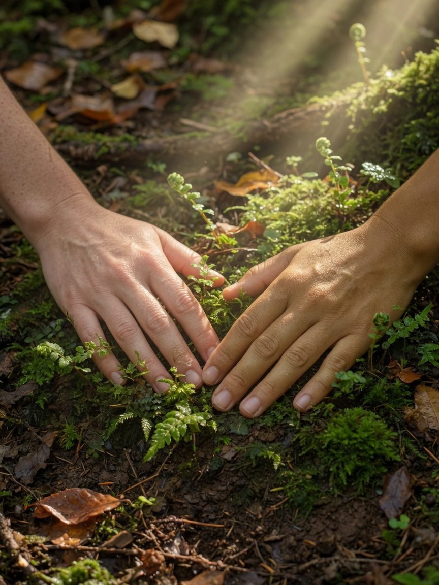 Hands resting on the earth — kiss the edge, then come back.
