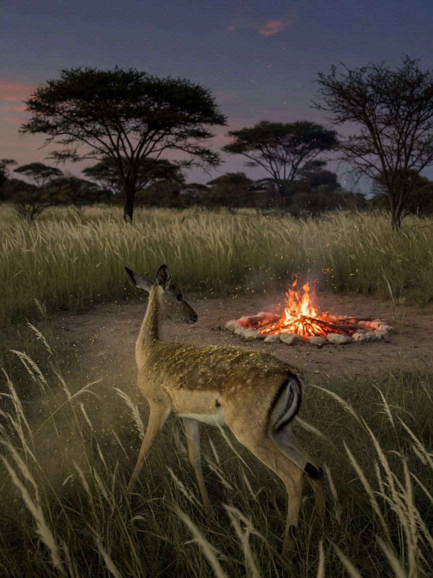 A deer shaking off fear at dusk beside an ancient fire circle.