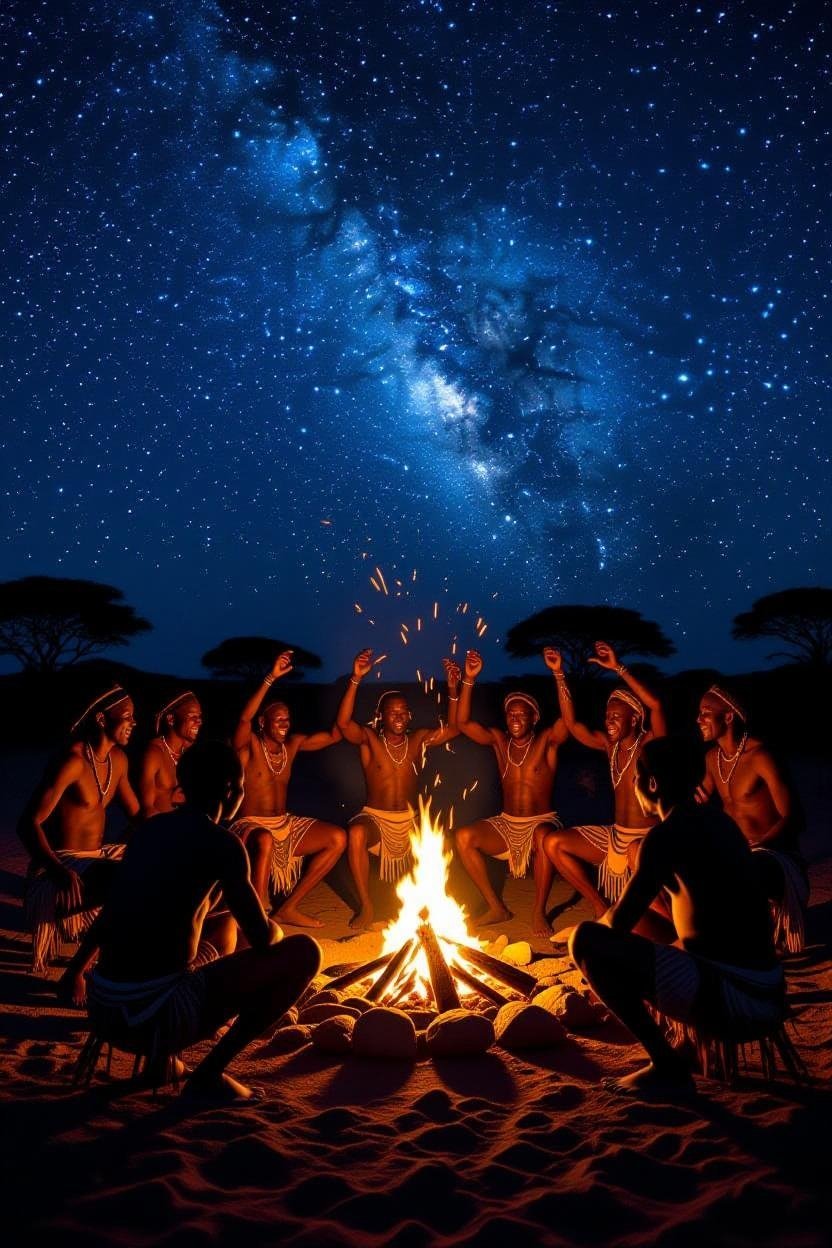 Kalahari Bushmen fire ceremony — among the oldest shaking traditions on Earth.
