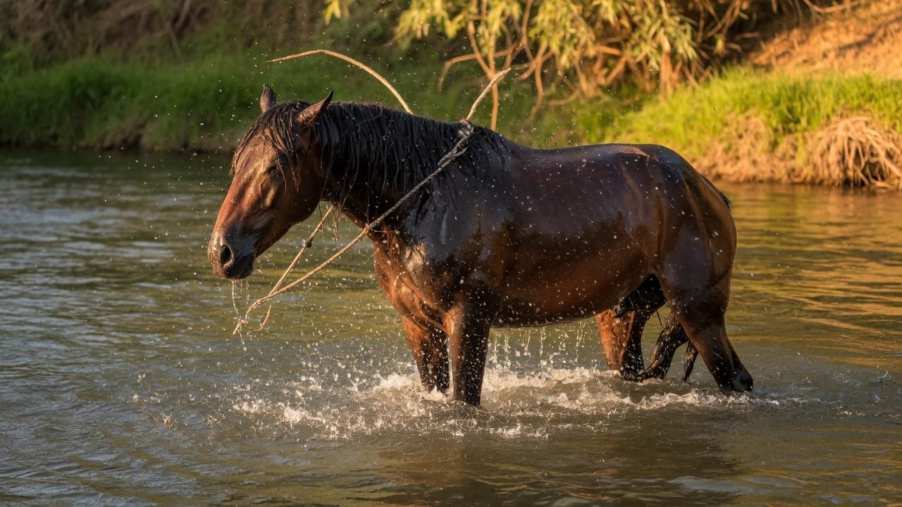 A horse shaking water from its body — nature’s own reset, shown in full.