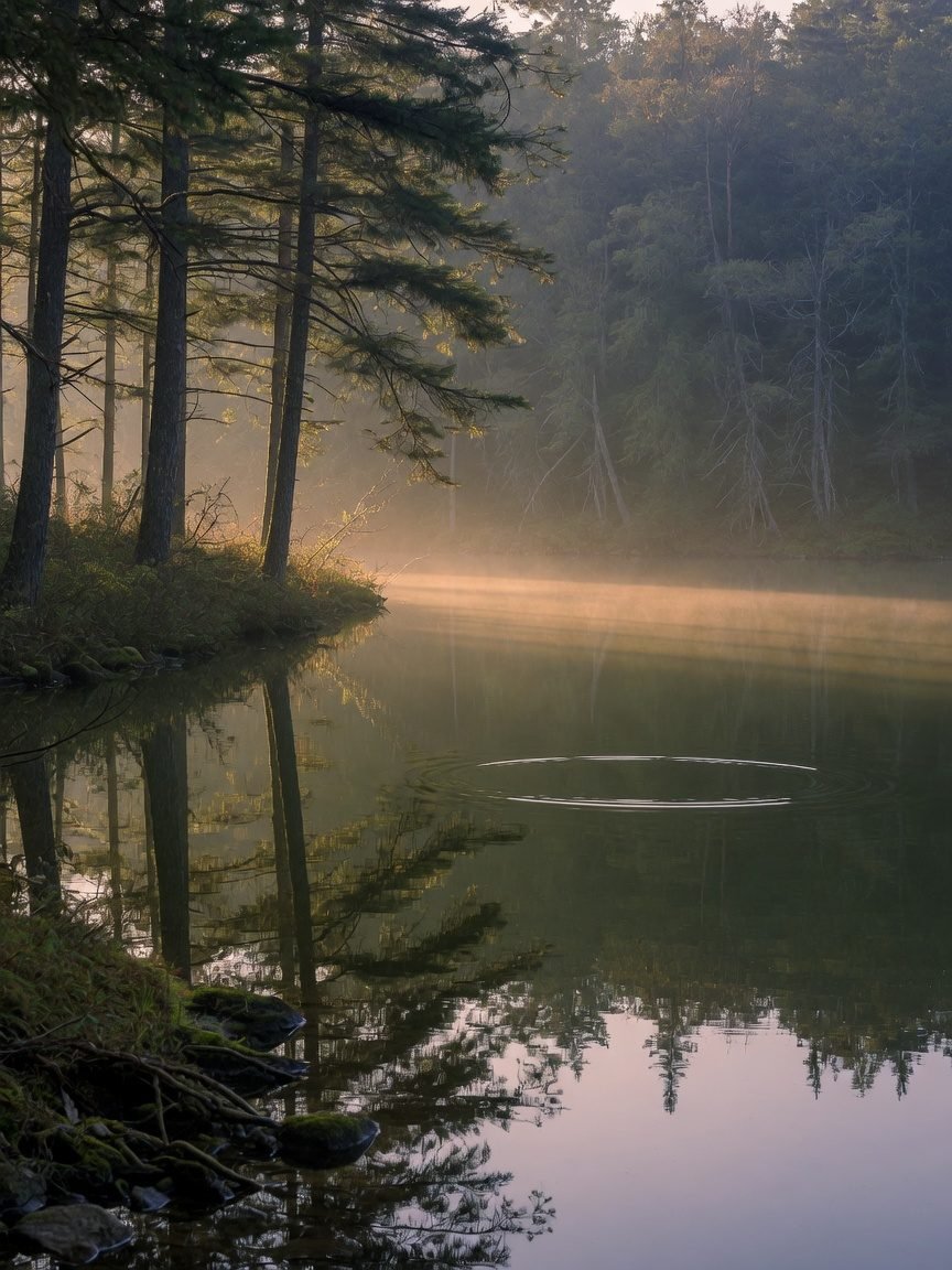 A still lake at dawn — the system returning toward rest.