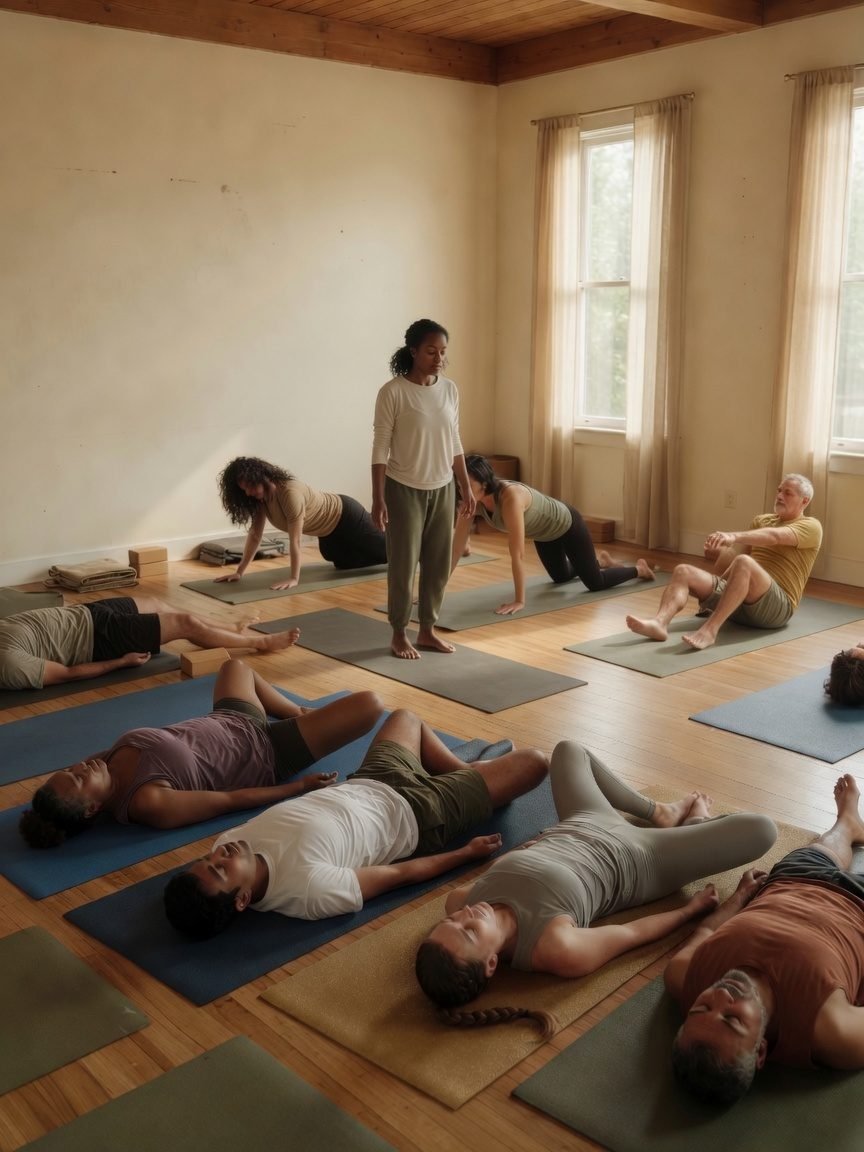 One classroom, two styles — TRE in supine butterfly, Shaking Medicine standing, on all fours, and on the back.