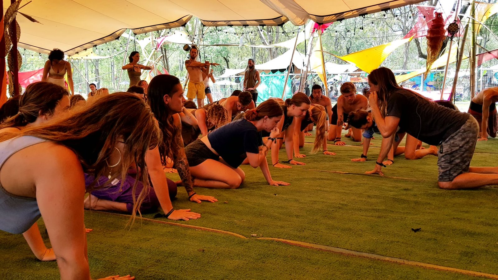 A past class gathered under a festival tent