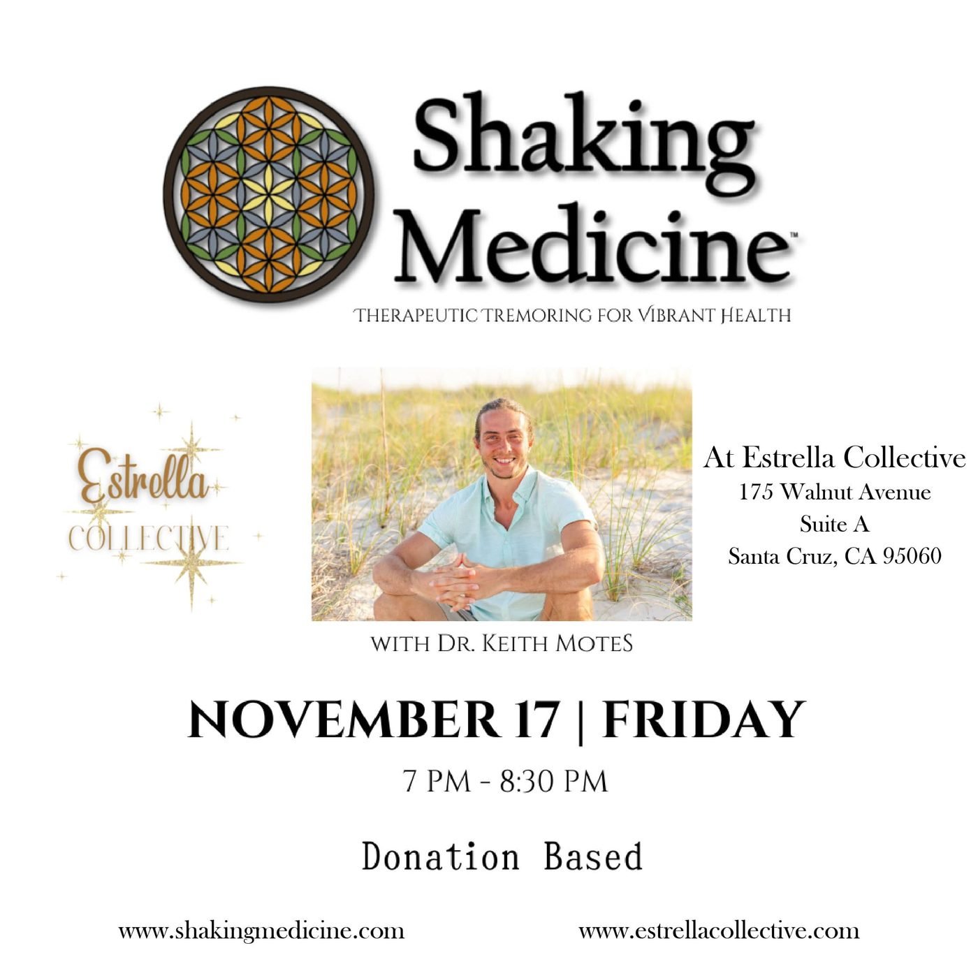 Poster for the Shaking Medicine workshop at Estrella Collective, 17 November