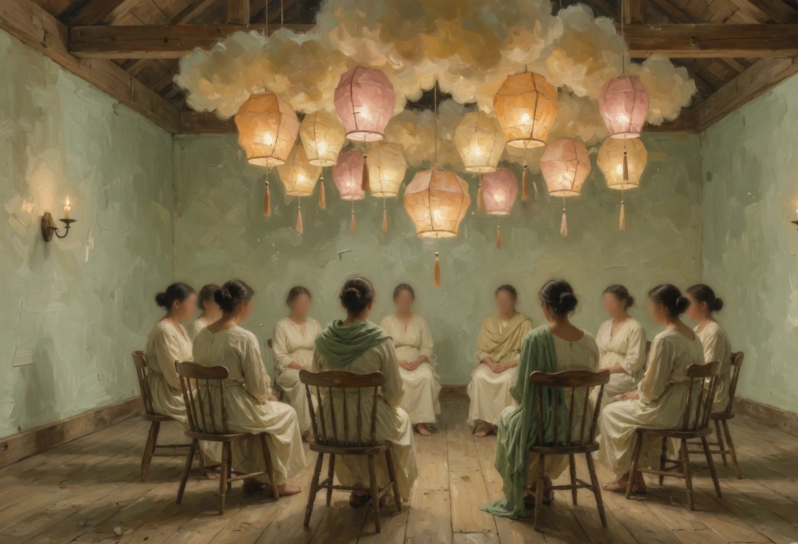 Lanterns above a seated circle in a timber hall