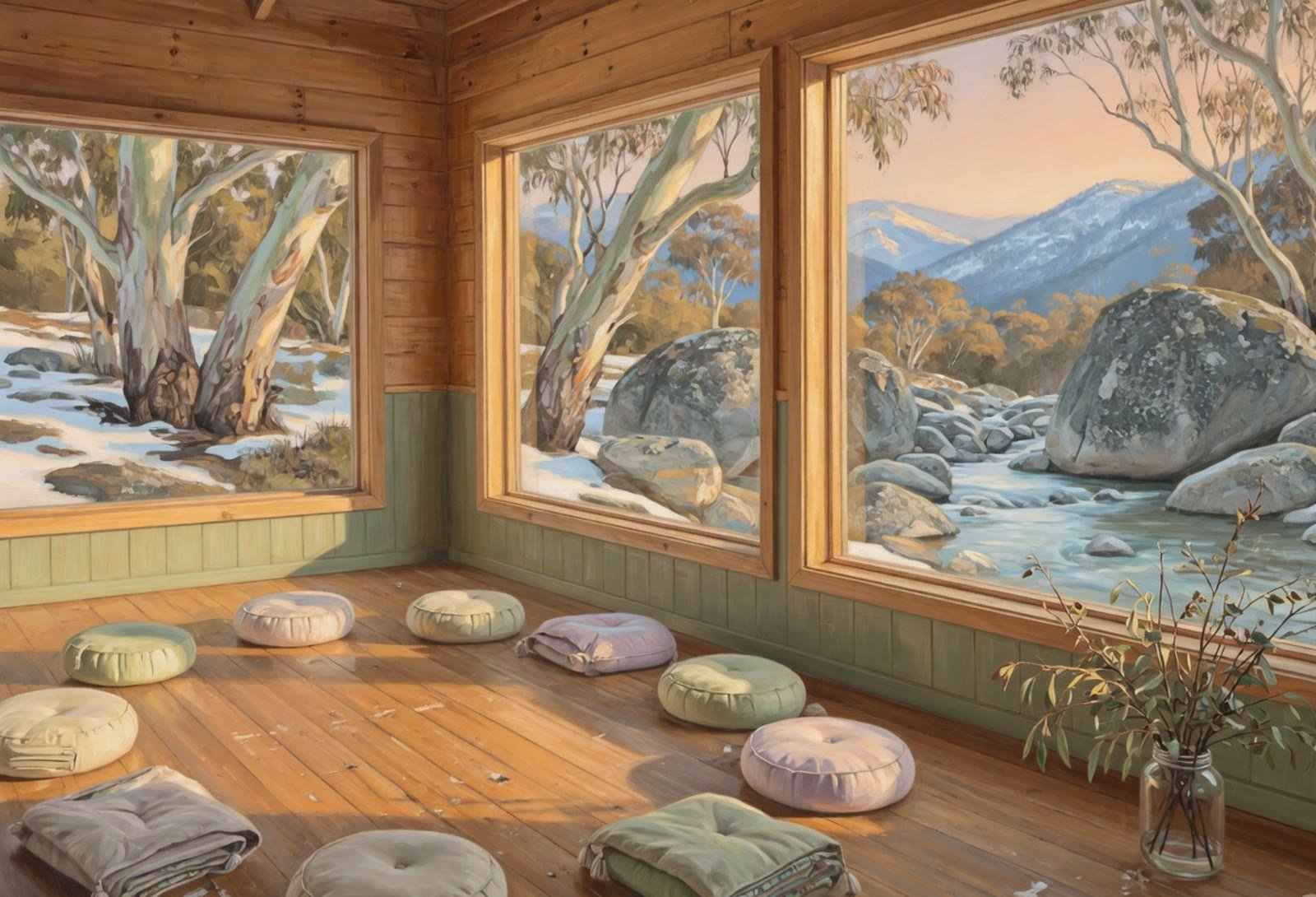 A timber room looking out onto snow gums and a mountain creek