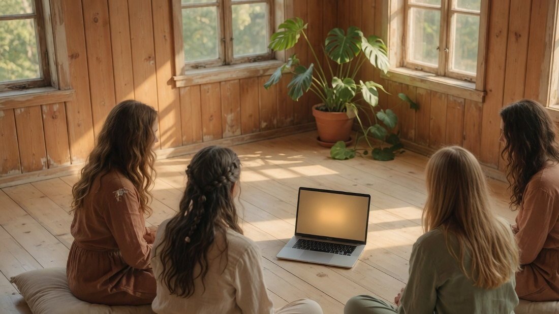A small circle seated on cushions around a laptop