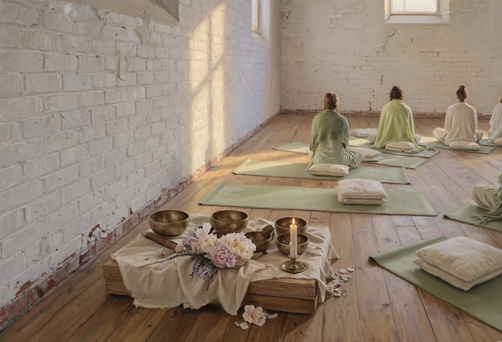 An afternoon circle in a white-brick studio