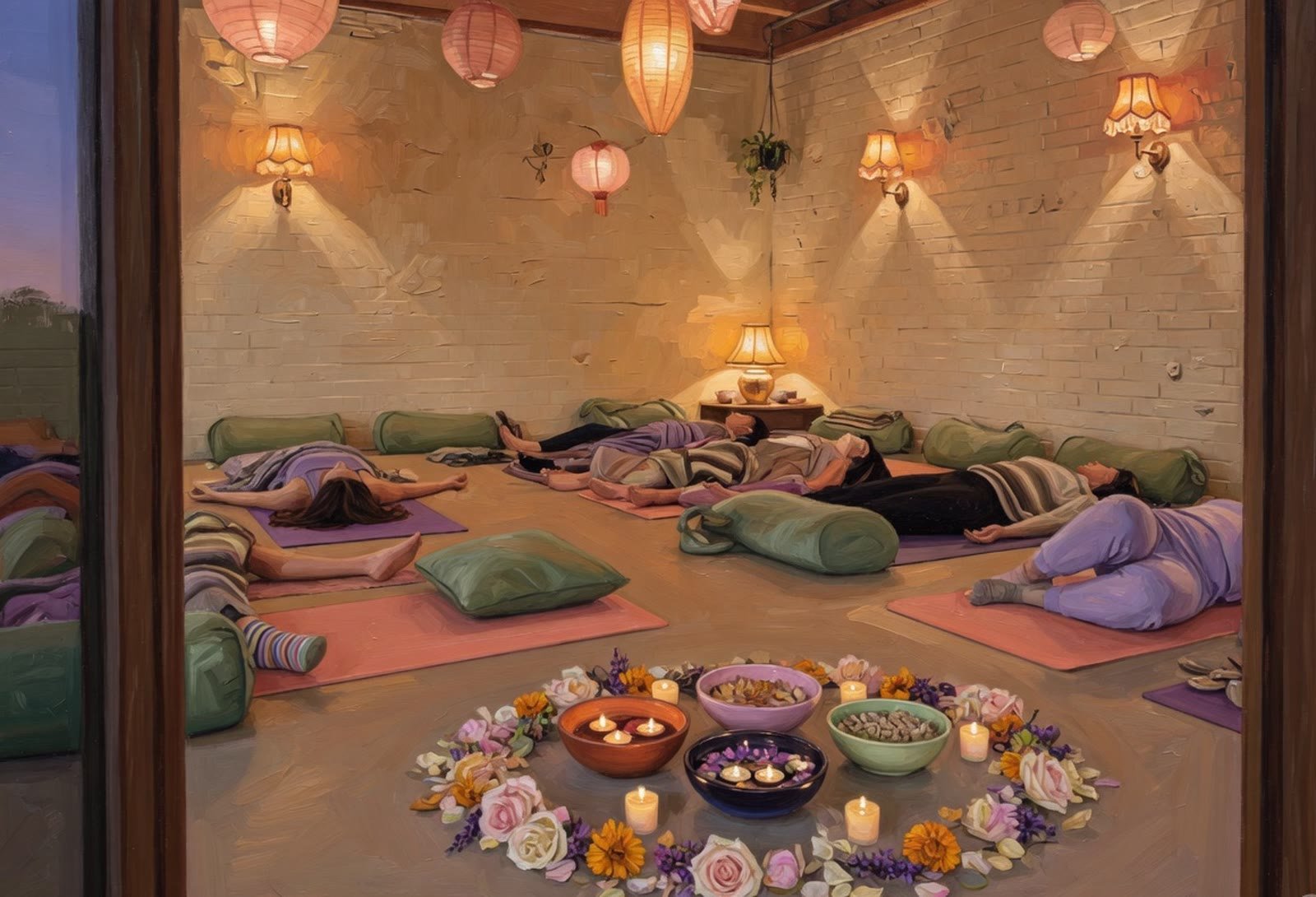 An evening circle on mats in a white-brick studio