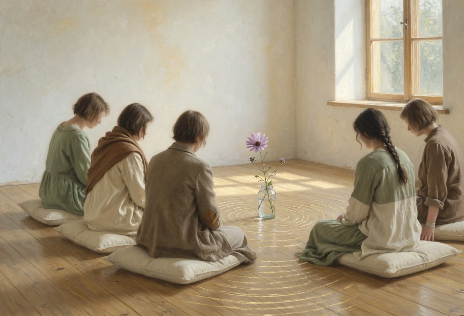 A small circle gathered around a single flower
