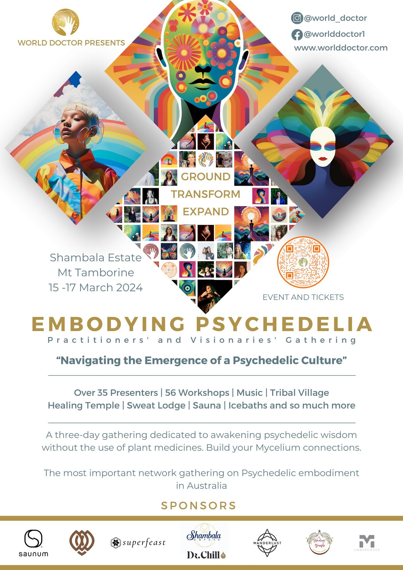 Poster for Embodying Psychedelia, 15–17 March 2024, at Shambala Estate, Mount Tamborine