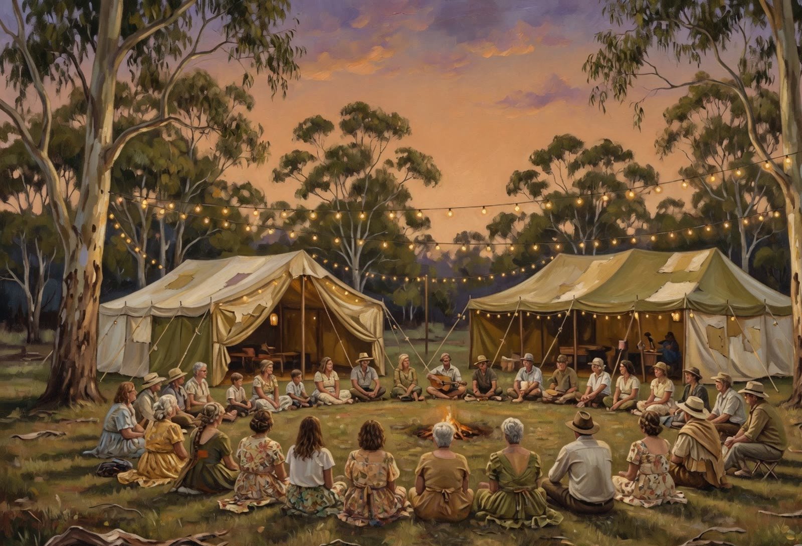 A dusk circle on the grass between canvas tents