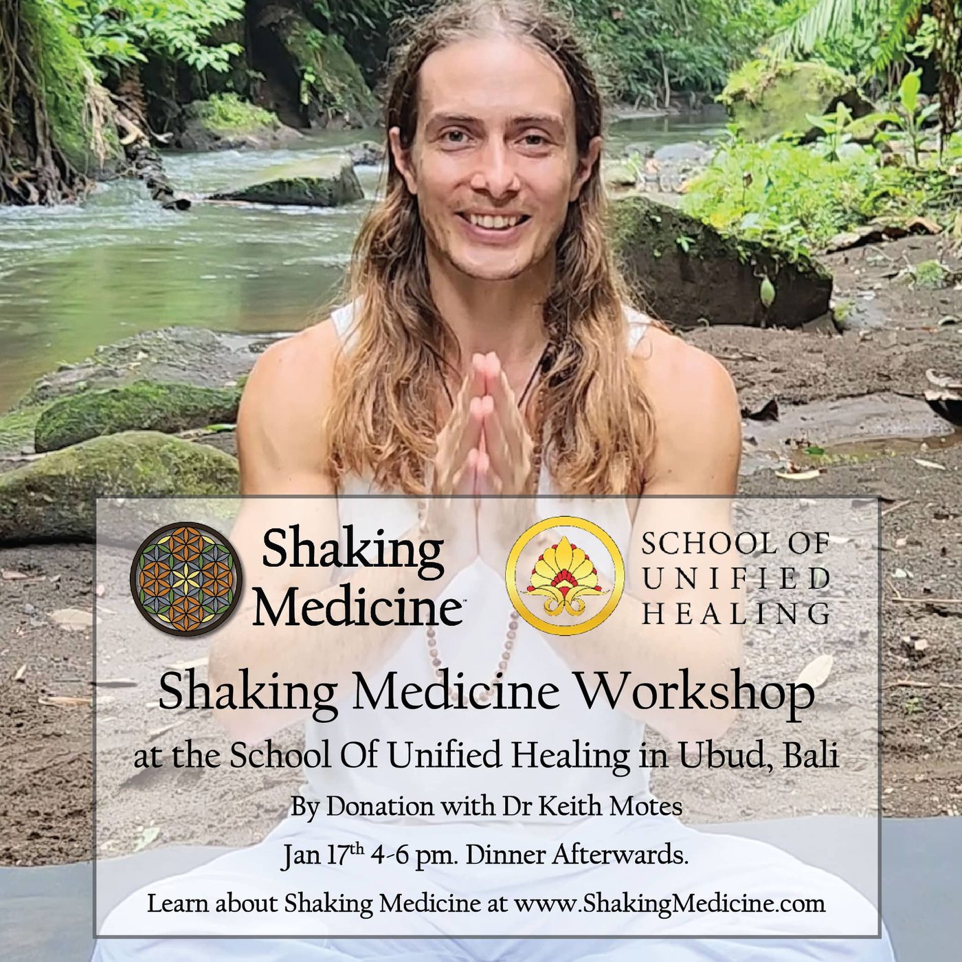 Poster for the Shaking Medicine workshop at the School of Unified Healing in Ubud, 17 January