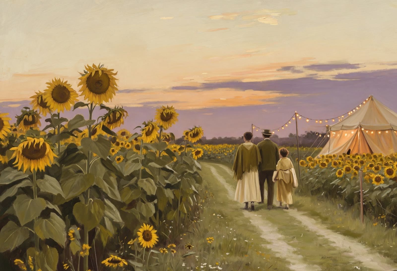 A late-day field of sunflowers and a distant tent