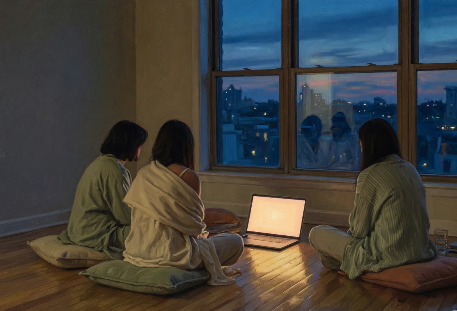 An evening circle around a warm screen