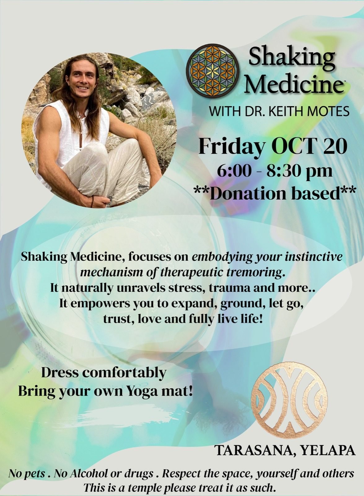 Poster for the Shaking Medicine workshop at Tarasana, Yelapa, on 20 October