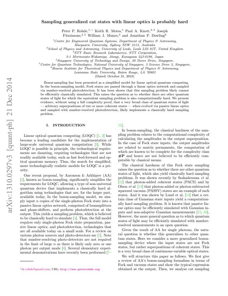 Sampling generalized cat states with linear optics is probably hard