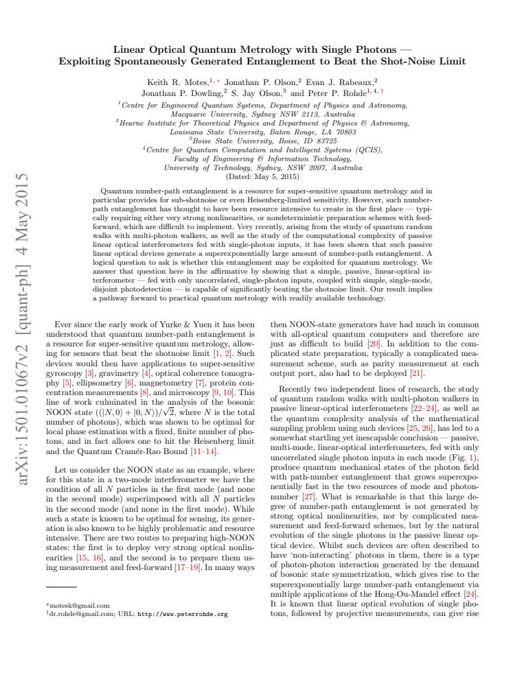 Linear Optical Quantum Metrology with Single Photons: Exploiting Spontaneously Generated Entanglement to Beat the Shot-Noise Limit
