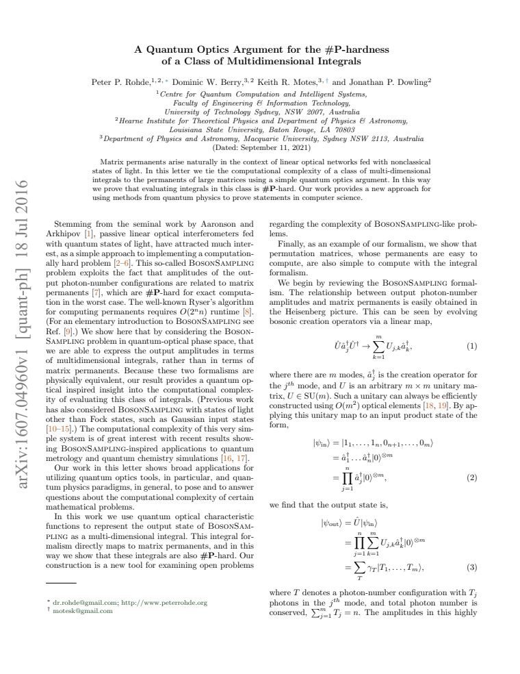A Quantum Optics Argument for the #P-hardness of a Class of Multidimensional Integrals