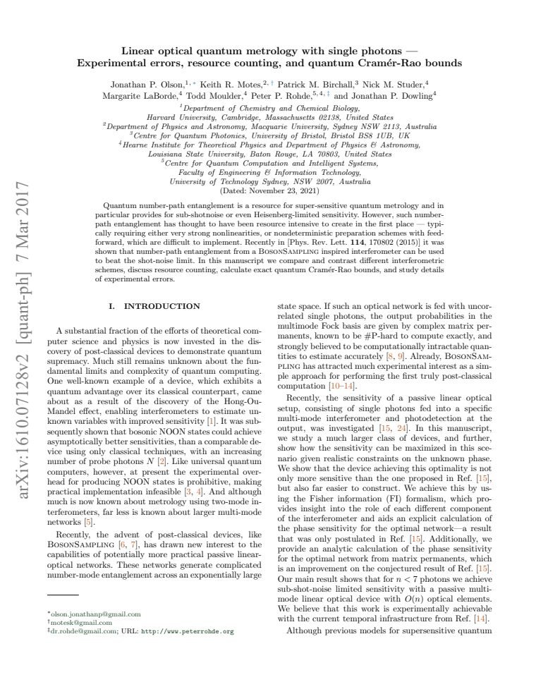 Linear optical quantum metrology with single photons — Experimental errors, resource counting, and quantum Cramér-Rao bounds