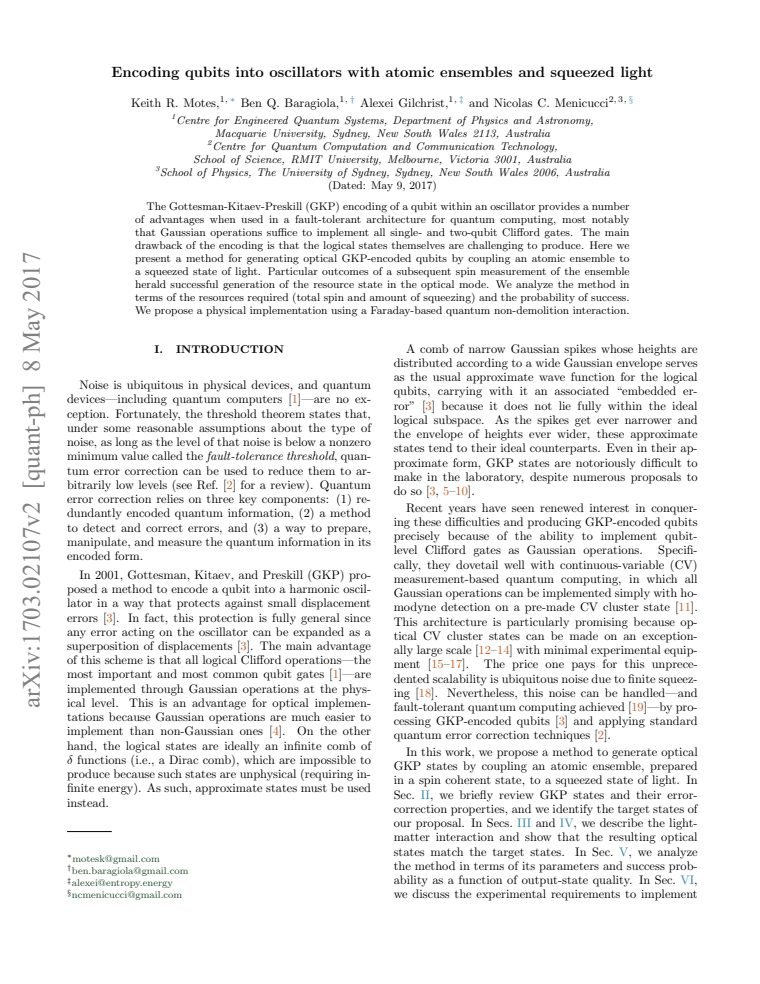 Encoding qubits into oscillators with atomic ensembles and squeezed light