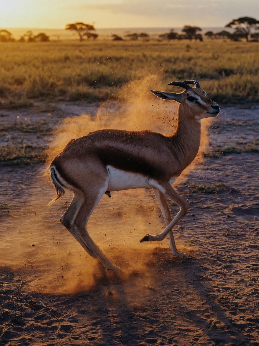 A gazelle shaking off charge in golden savanna light — the same instinctive reset living in us