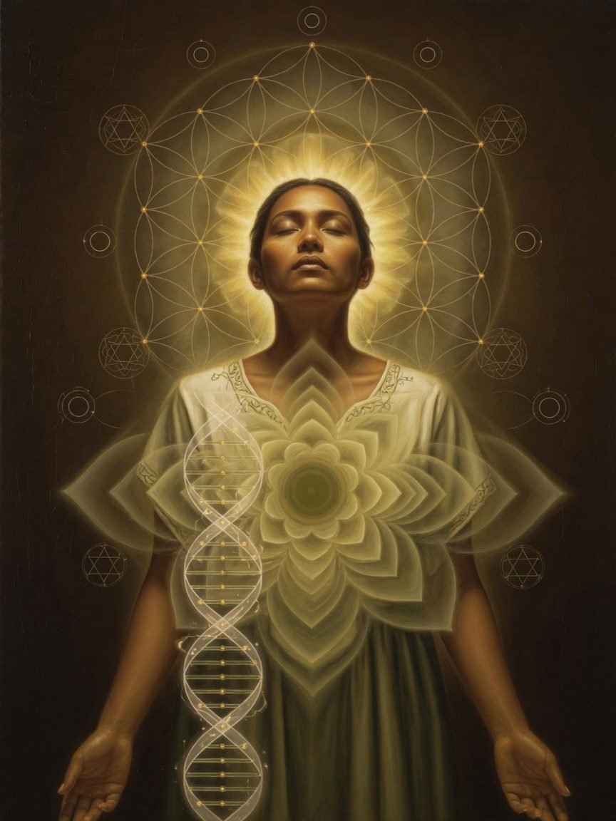 A luminous human biofield — Kundalini awakening through surrender rather than force.